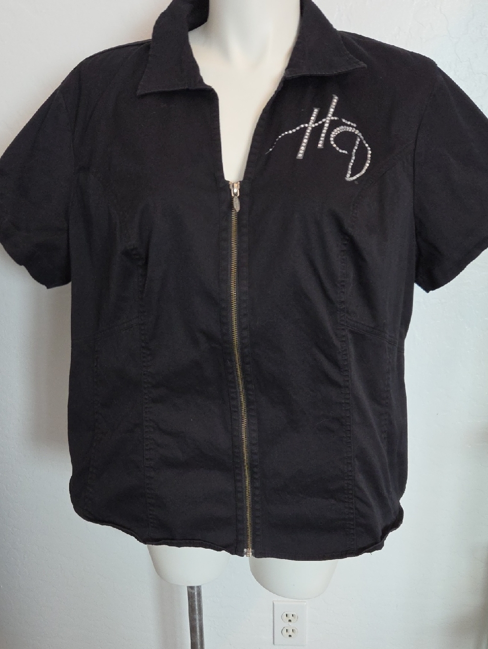 Harley-Davidson Black Short Sleeve Zip Shirt with Rhinestone Logo